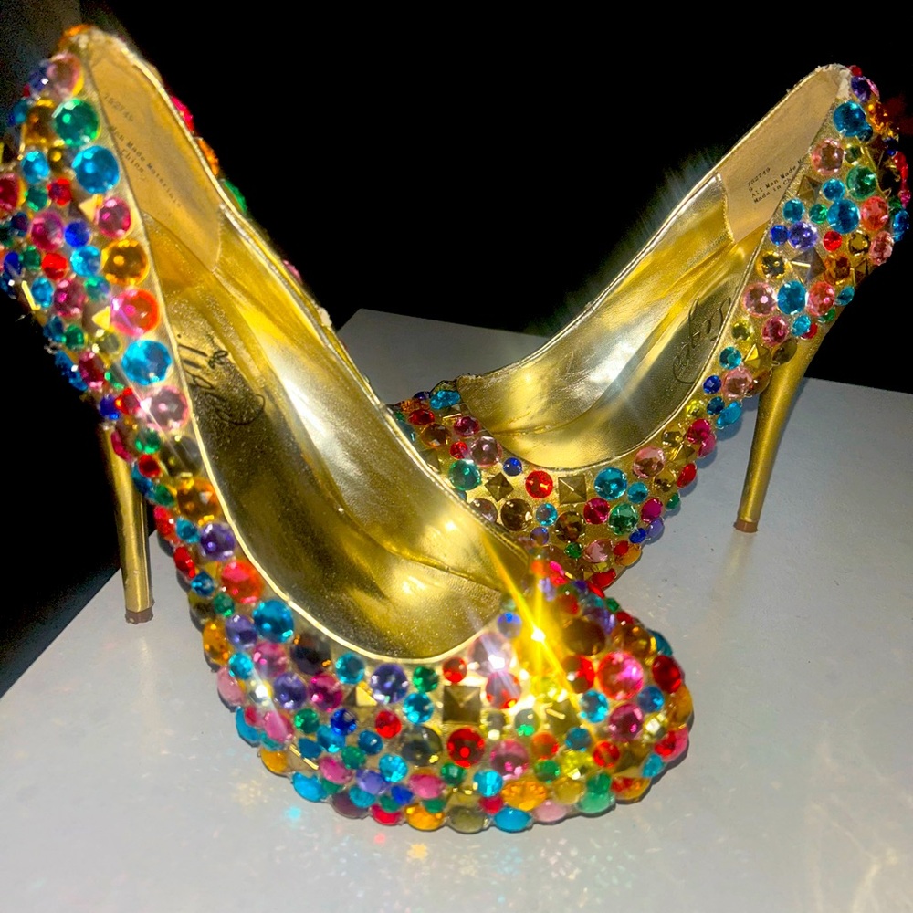 Privileged Gold Stiletto Heels with Rhinestone Mosaic